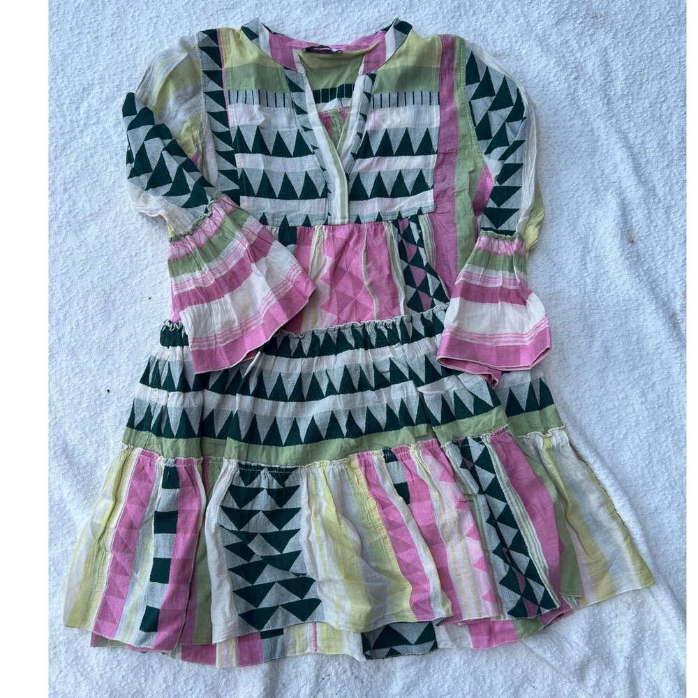 Devotion Twins Ella Geometric Print Tiered Mini Dress Pink Green Boho XS